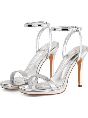 Women’s Silver Stilettos Heeled Sandals Open Square Toe Heels 4.3 Inch Open Toe